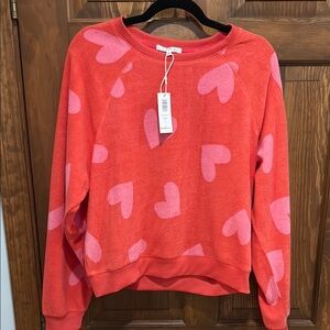 Z Supply Red and Pink Heart Pattern Crew Neck Sweater